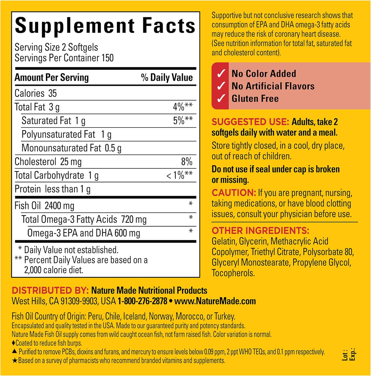 Nature Made Burp Less Fish Oil Omega 3 Supplements, 1200 mg Softgels, Omega 3 Fish Oil for Healthy Heart Support, 300 Softgels, 150 Day Supply