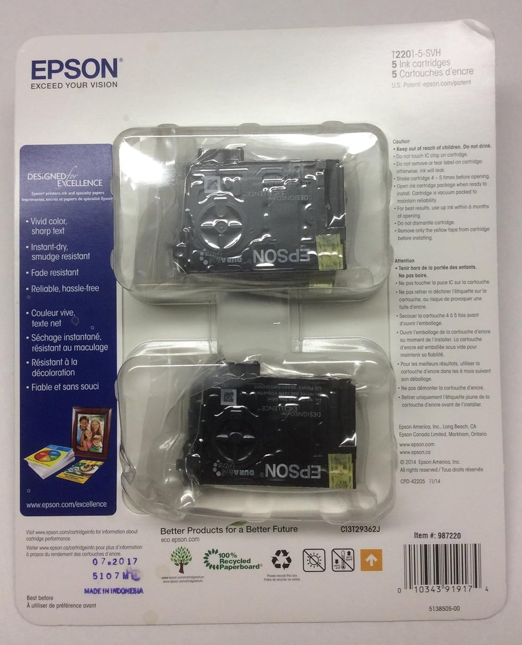 EPSON 220 Value Combo Pack ~ 2 Black, 1 Cyan, 1 Magenta, 1 Yellow Ink Cartridges
