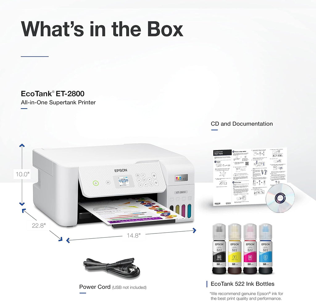 Epson EcoTank ET-2800 Wireless Color All-in-One Cartridge-Free Supertank with Scan and Copy, The Ideal Basic Home Printer - White