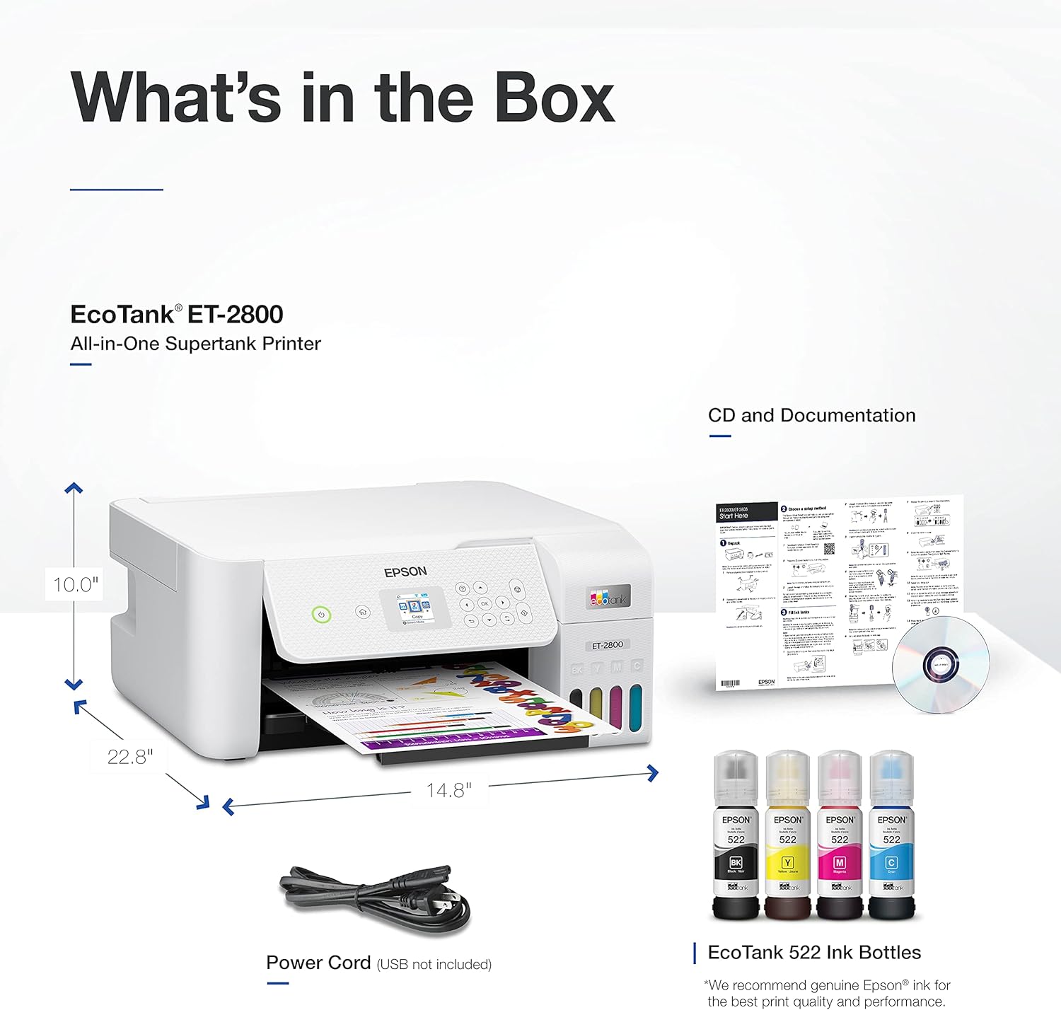 Epson EcoTank ET-2800 Wireless Color All-in-One Cartridge-Free Supertank with Scan and Copy, The Ideal Basic Home Printer - White