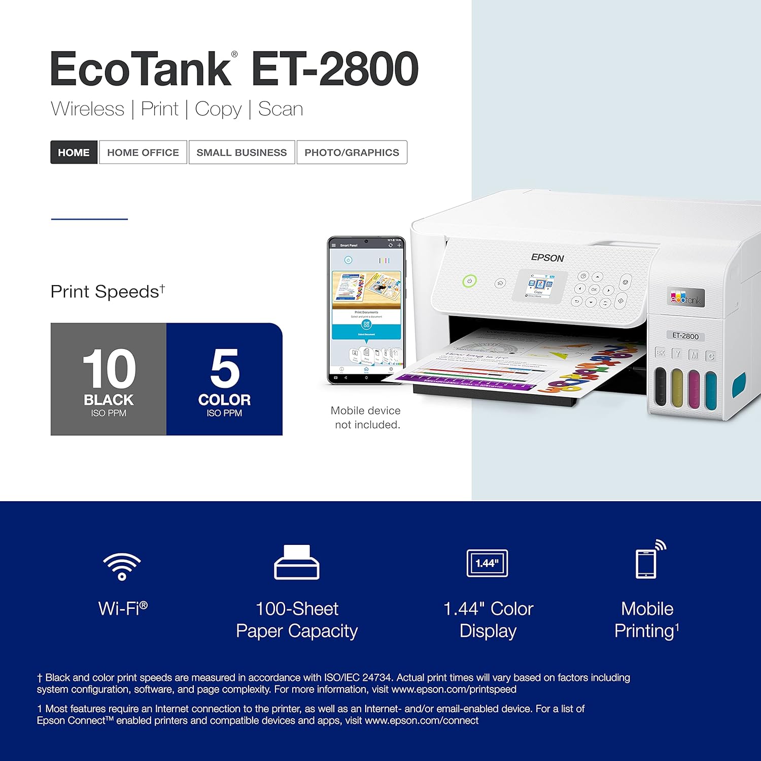Epson EcoTank ET-2800 Wireless Color All-in-One Cartridge-Free Supertank with Scan and Copy, The Ideal Basic Home Printer - White
