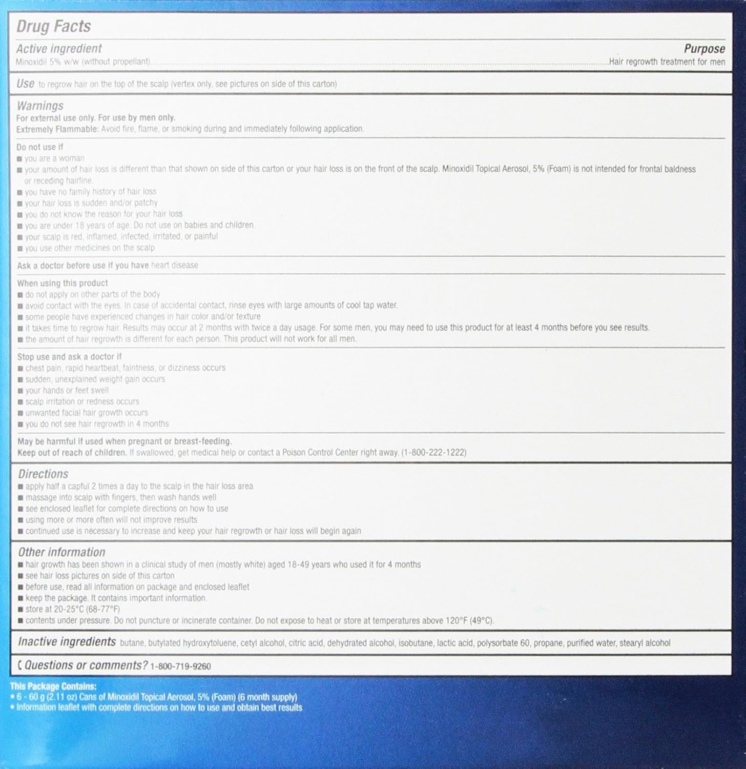 Drug facts label with detailed information on a blue background