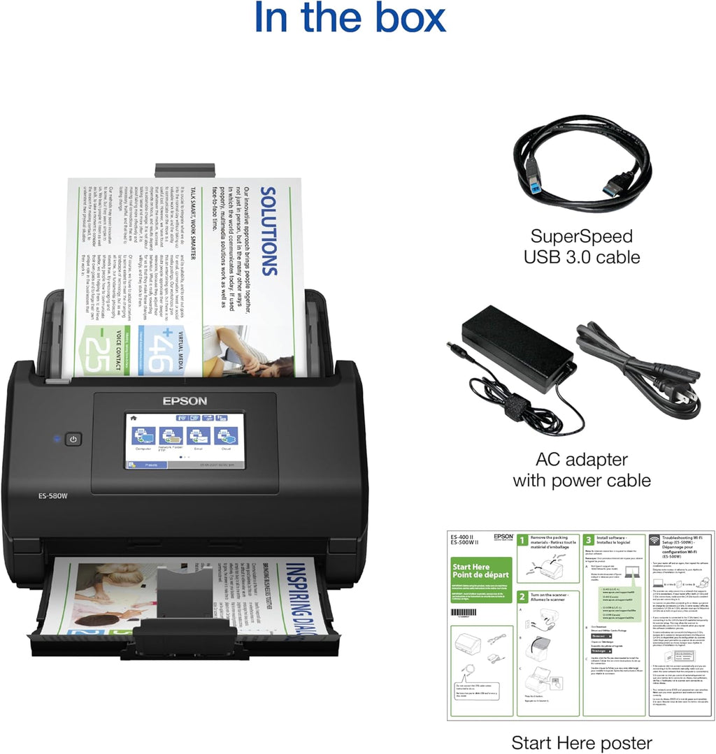 Epson scanner with accessories including a USB cable, power adapter, and start here poster.