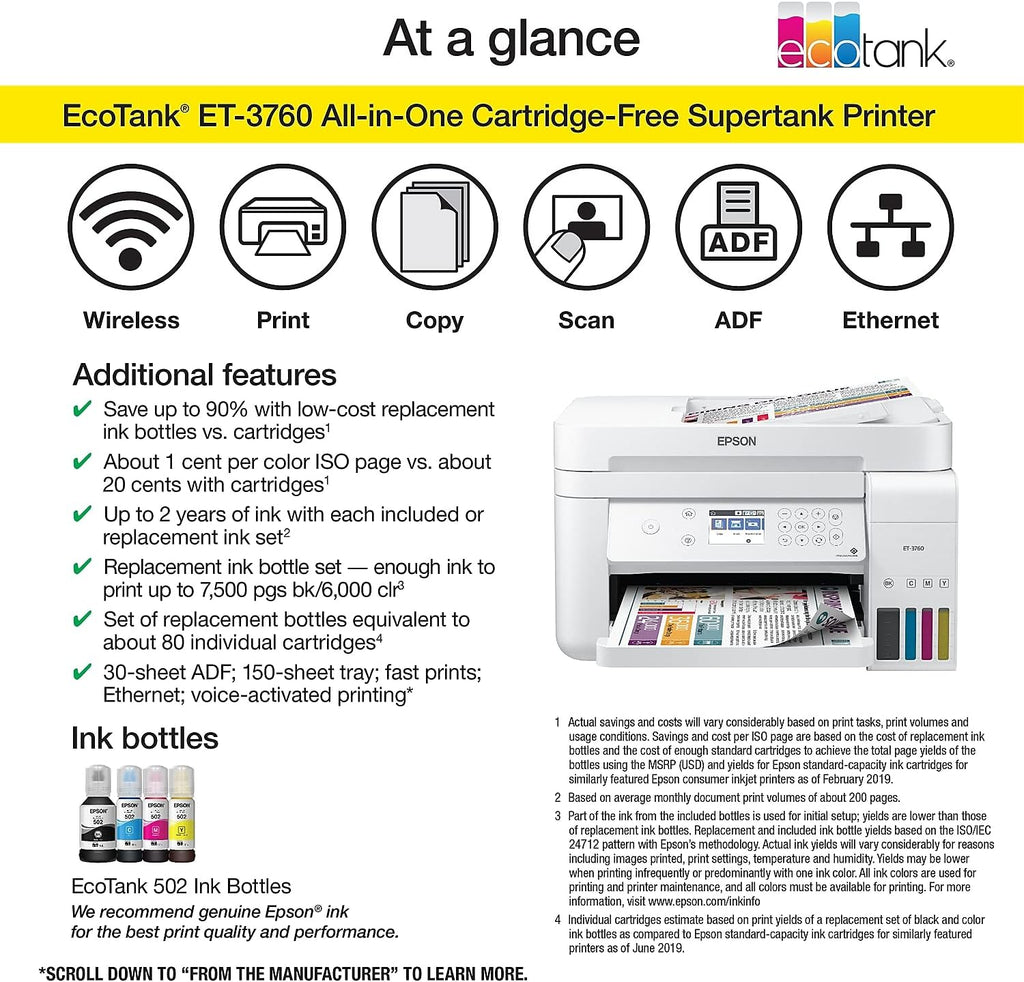 Epson EcoTank ET-3760 Wireless Color All-in-One Cartridge-Free Supertank Printer with Scanner, Copier and Ethernet, Regular