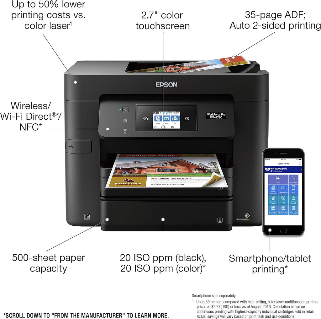 Epson WorkForce Pro WF-4730 Wireless All-in-One Color Inkjet Printer, Copier, Scanner with Wi-Fi Direct, Amazon Dash Replenishment Ready