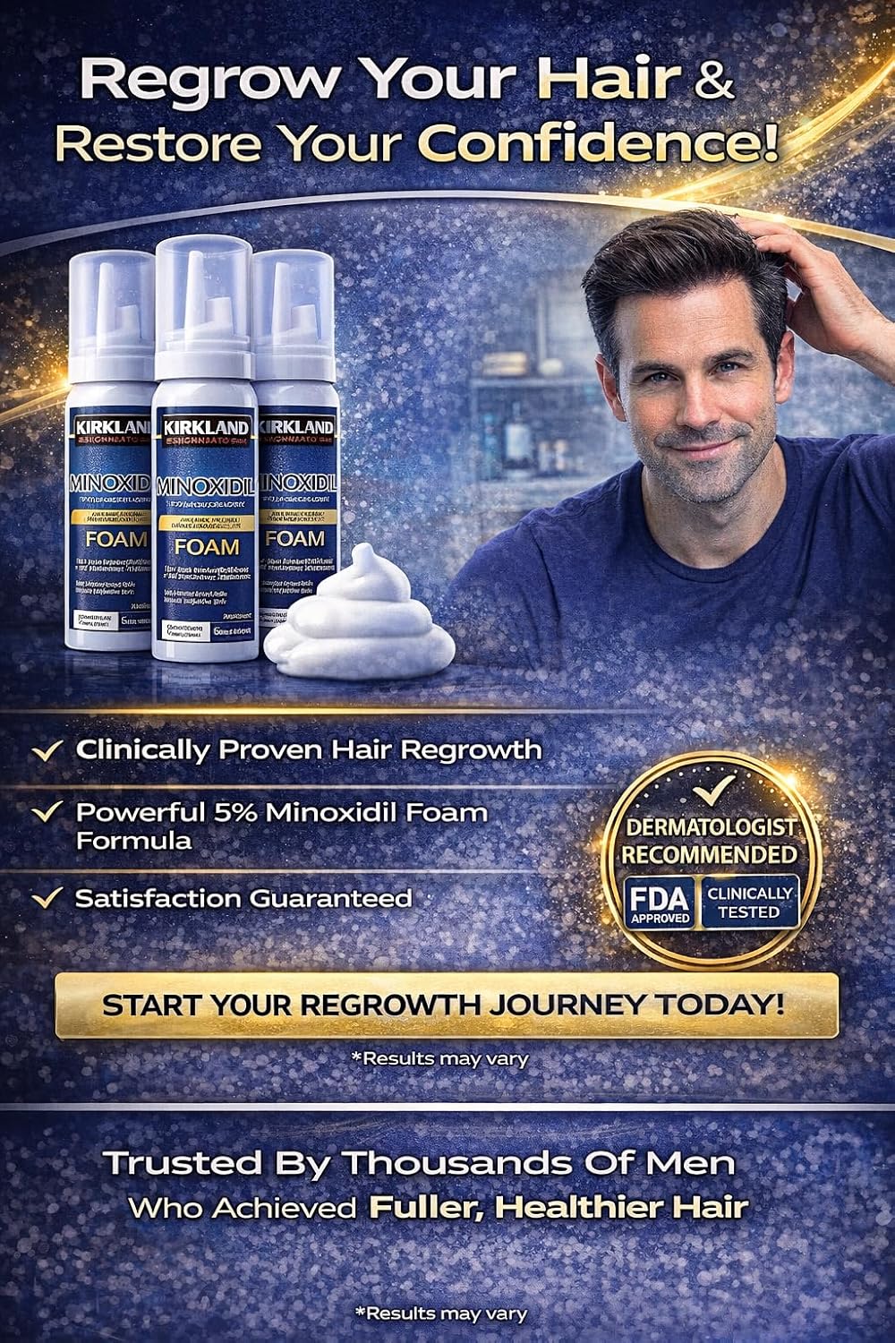 Kirkland Signature Hair Regrowth Treatment Minoxidil Foam for Men, 2.11 oz, 6 Count (6 Month Supply)