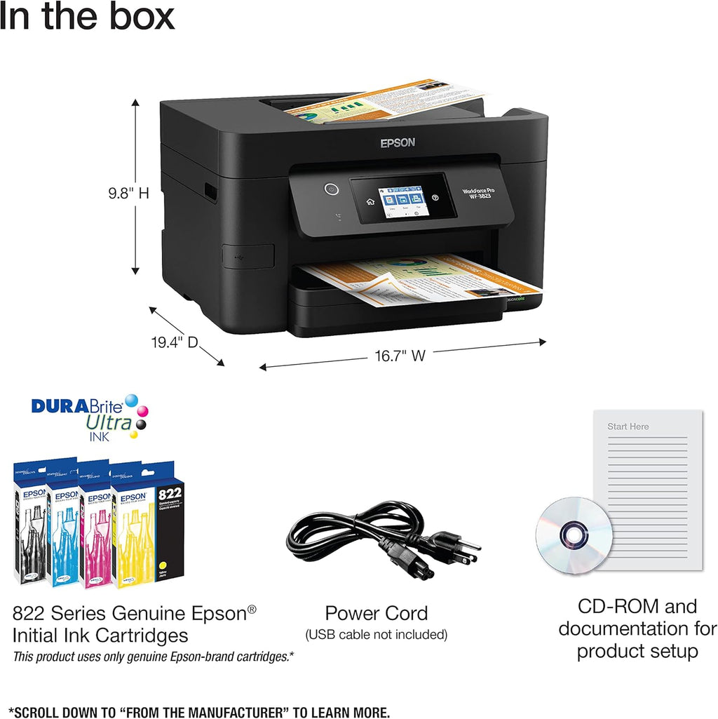 Epson Workforce Pro WF-3823 Wireless All-in-One Printer with Auto 2-Sided Printing, 35-Page ADF, 250-Sheet Paper Tray and 2.7" Color Touchscreen