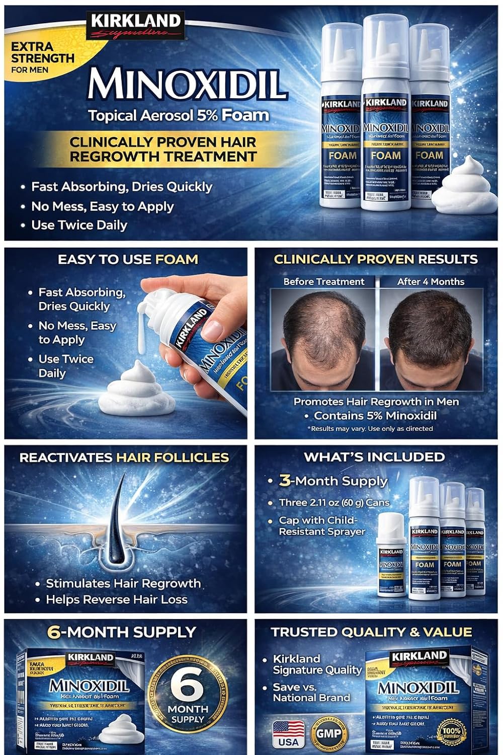 Kirkland Signature Hair Regrowth Treatment Minoxidil Foam for Men, 2.11 oz, 6 Count (6 Month Supply)