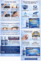 Kirkland Minoxidil hair regrowth product packaging with usage instructions and branding details.