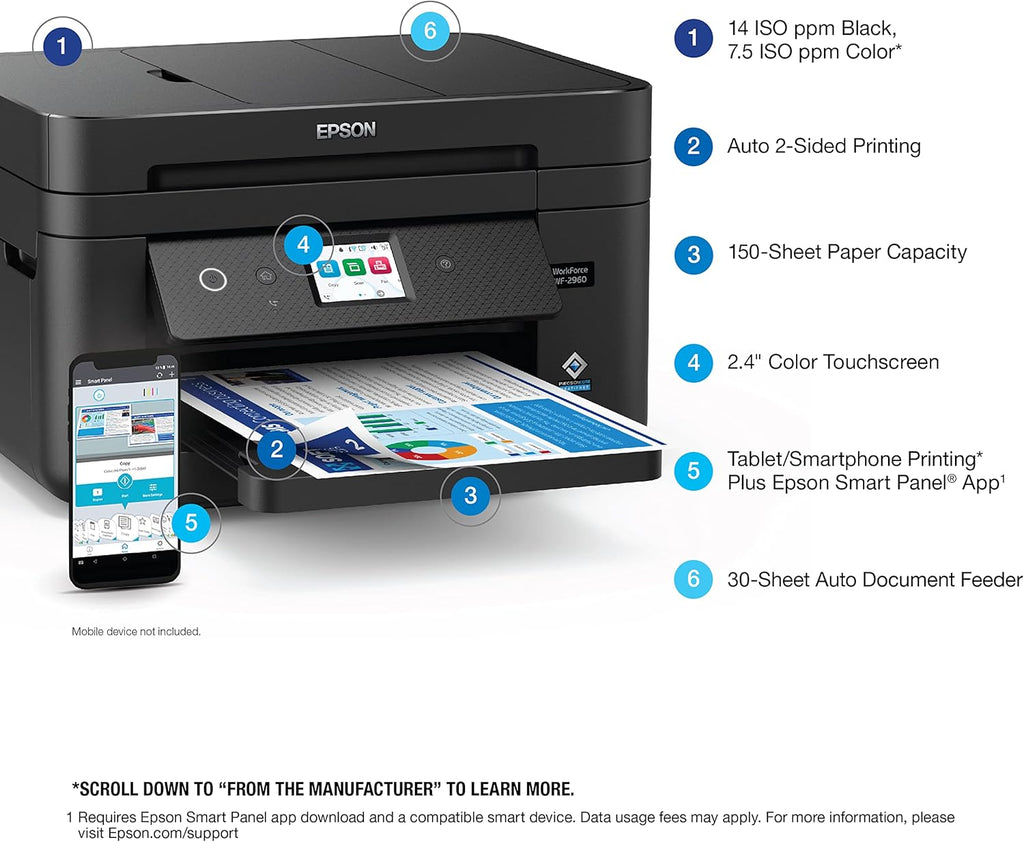 Epson Workforce WF-2960 Wireless All-in-One Printer with Scan, Copy, Fax, Auto Document Feeder, Automatic 2-Sided Printing, 2.4" Touchscreen Display, 150-Sheet Paper Tray and Ethernet