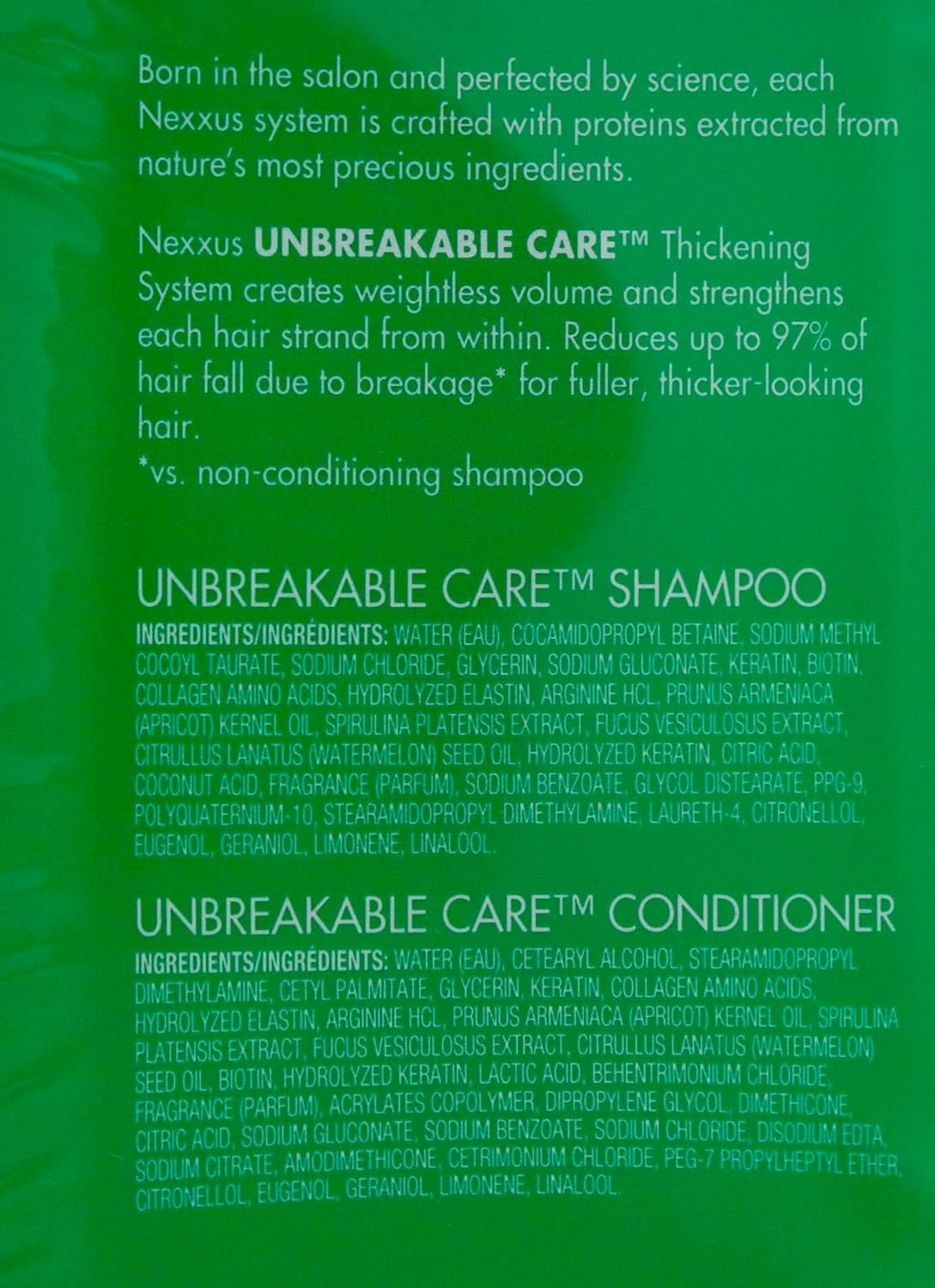 Nexxus Unbreakable Care Anti-Breakage Shampoo and Conditioner, 32 FL OZ, Green