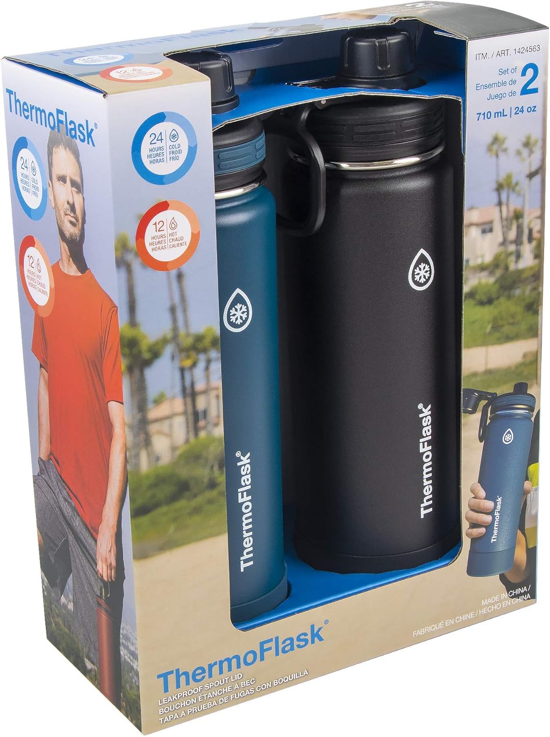 ThermoFlask Stainless Steel Water Bottles 2-Pack - Double-Wall Vacuum Insulated 24 oz BPA-Free Spout Lids - Keeps Drinks Cold 24 Hrs, Hot 12 Hrs - Leakproof, Dishwasher Safe, Mayan Blue/Black