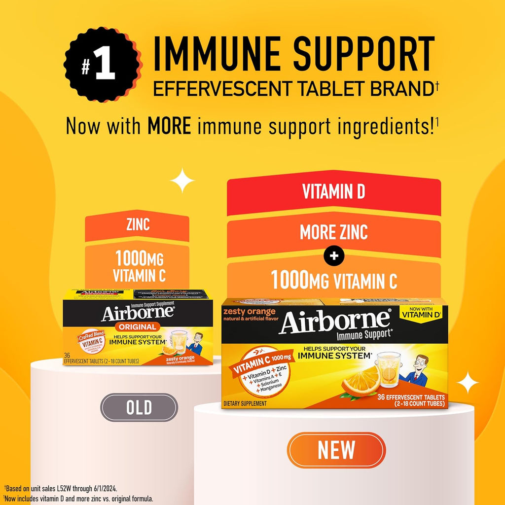 Vitamin C 1000mg (per serving) - Airborne Zesty Orange Effervescent Tablets (36 count in a box), Gluten-Free Immune Support Supplement With Vitamins A C E, ZINC, Selenium, Echinacea & Ginger
