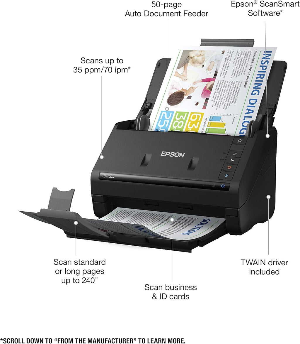 Epson scanner with features highlighted on a white background