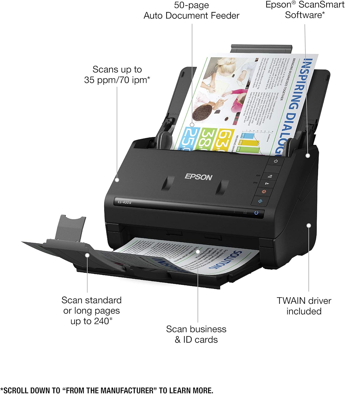 Epson scanner with features highlighted on a white background