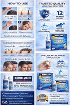 Kirkland Minoxidil hair regrowth product packaging with usage instructions and branding elements.