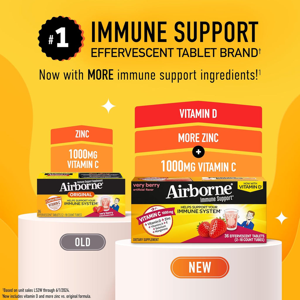 Vitamin C 1000mg (per serving) - Airborne Very Berry Effervescent Tablets (36 count in a box), Gluten-Free Immune Support Supplement, With Vitamins A C E, ZINC, Selenium, Echinacea & Ginger