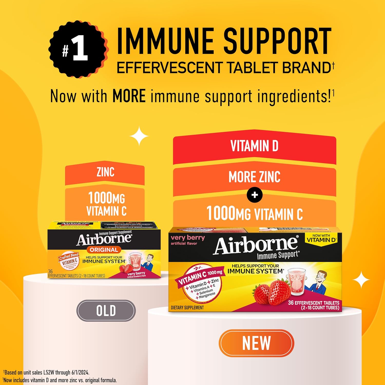 Vitamin C 1000mg (per serving) - Airborne Very Berry Effervescent Tablets (36 count in a box), Gluten-Free Immune Support Supplement, With Vitamins A C E, ZINC, Selenium, Echinacea & Ginger