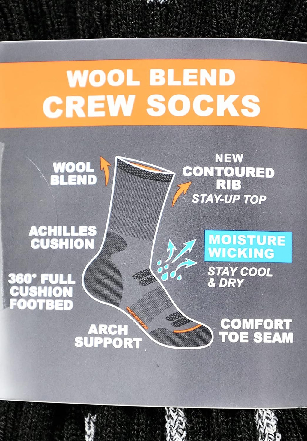 Weatherproof Vintage Men's Outdoor Wool Blend Crew Socks, Black, 5 Pairs