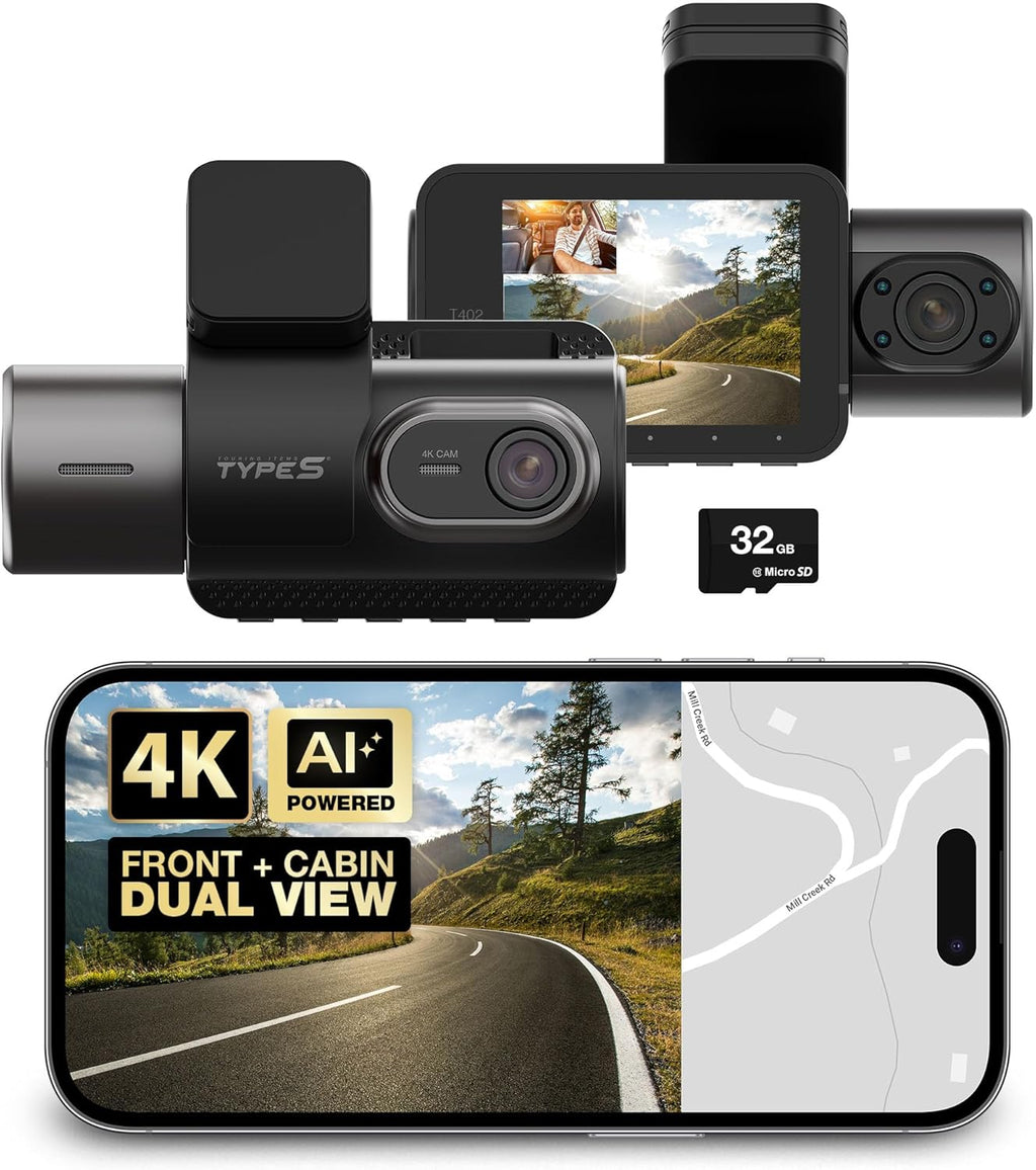 Type S T402 4K Dual View 2-Channel Dash Cam with Adaptive AI-Powered Driver Assistance and 1080p Interior Surveillance Cam