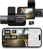 Type S T402 4K Dual View 2-Channel Dash Cam with Adaptive AI-Powered Driver Assistance and 1080p Interior Surveillance Cam