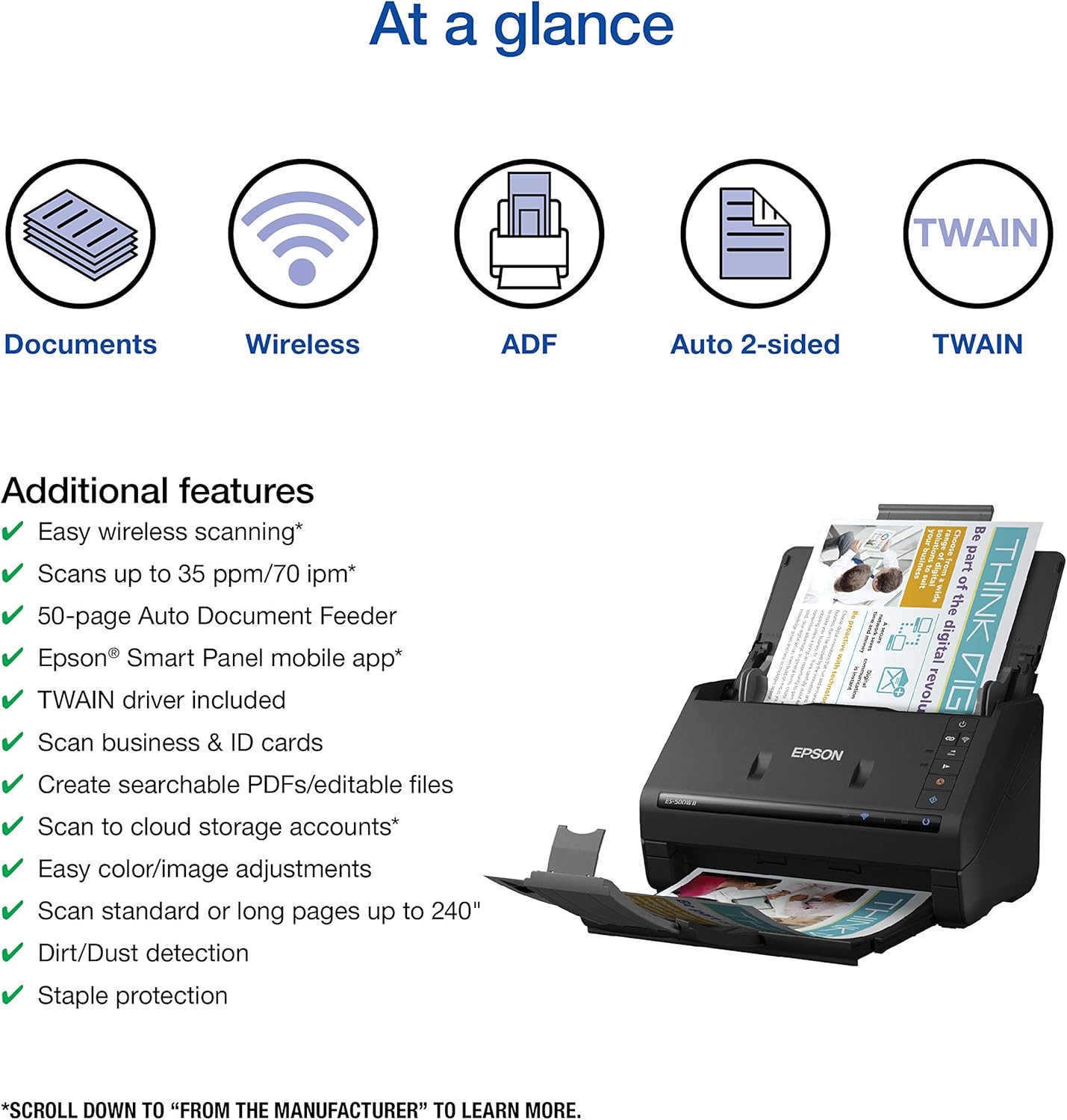 Epson Workforce ES-500W II Wireless Color Duplex Desktop Document Scanner for PCand Mac with Auto Feeder (ADF), Scan from Smartphone or Tablet