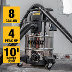 DEWALT DXV08S 8 Gallon Wet/Dry Vacuum, 4 Peak HP Shop Vacuum, Stainless Steel Tank, Silver