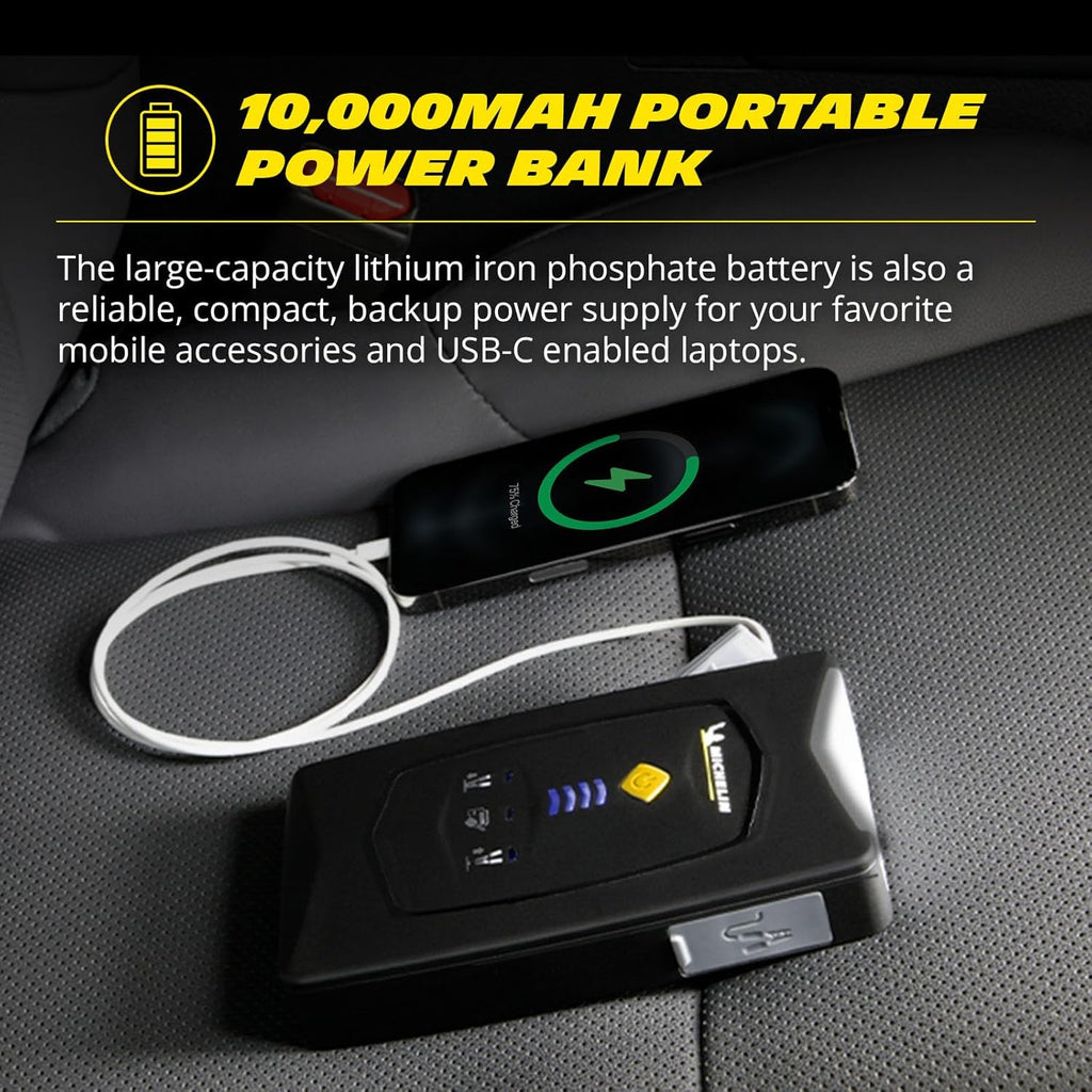 MICHELIN High Capacity Lithium Iron Phosphate 12V Portable Car Jump Starter Battery Charger Pack with 10000mAh 500A Peak Current for Gas Diesel 6.0L Engines Car Truck SUV ATV Boat