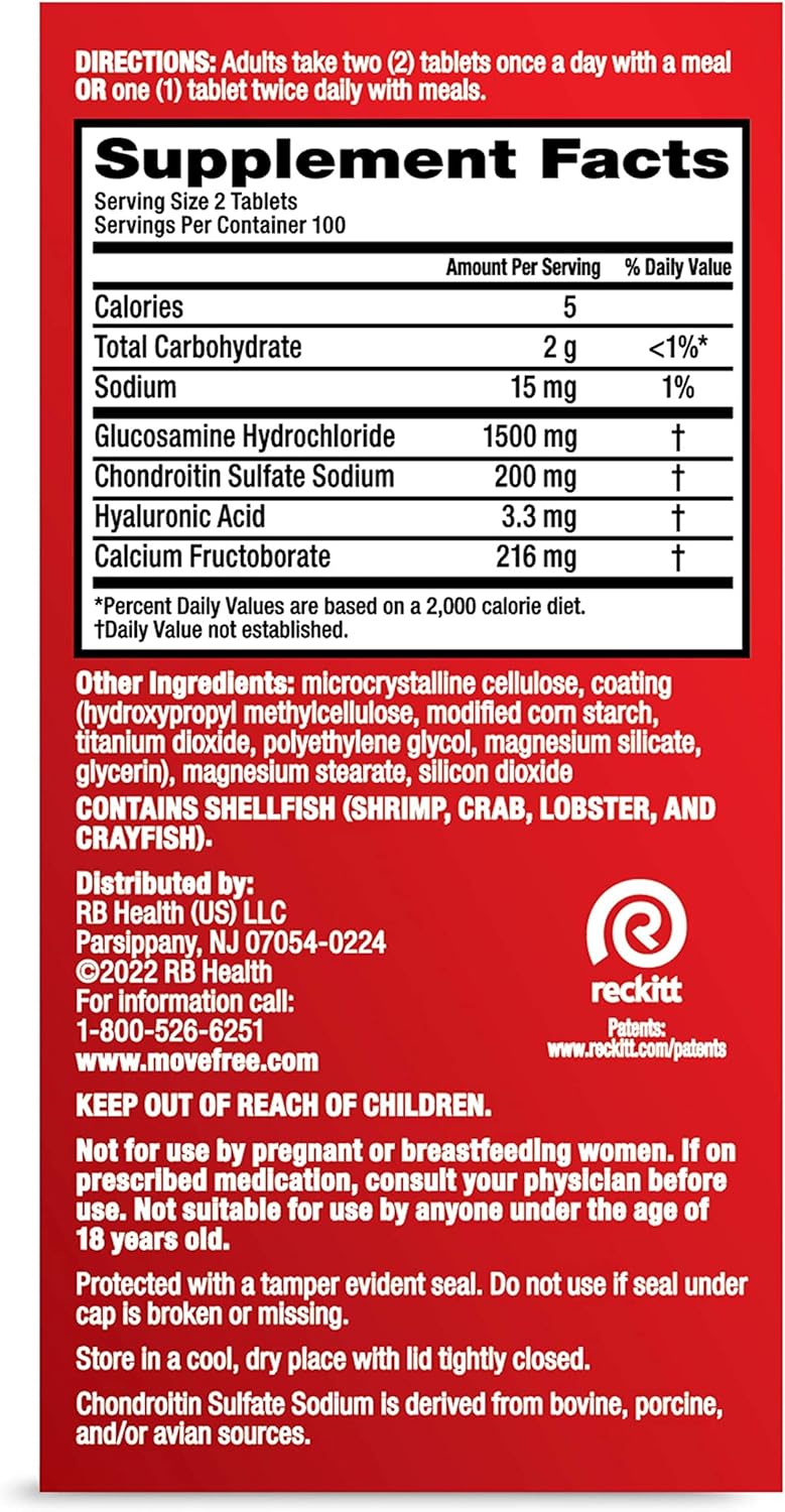 Move Free Advanced Glucosamine Chondroitin + Calcium Fructoborate Joint Support Supplement, Supports Mobility Comfort Strength Flexibility & Bone - 200 Tablets (100 servings)*