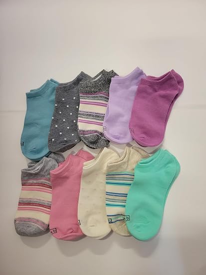 K BELLS No Show Socks, 10 Pairs, Assorted Solids and Stripes, Fits Shoe Sizes 5.5-10