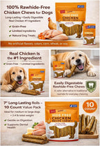Dog Chews Rawhide-Free - Chicken Dental Treats for Large Dogs, Grain-Free Digestible Chews, 10 Pack 7" Rolls by Rewardables (2.4lb)