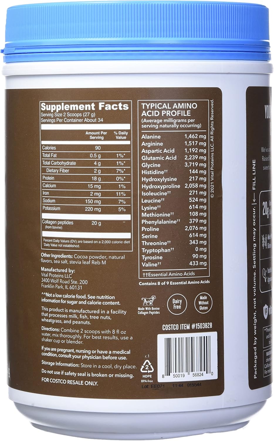 Vital Protein Collagen Peptides, Pasture Raised, Grass Fed, Paleo Friendly, Gluten / Zero Sugar Dairy Free, Chocolate, 32.56 Oz