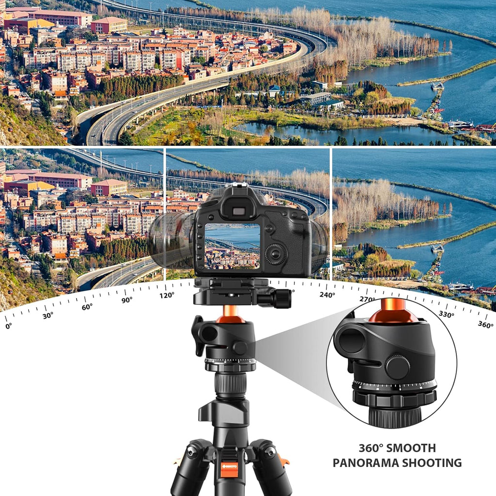GEEKOTO 64" Camera Tripod, Compact Aluminum Tripod with 360 Degree Panorama Ball Head 1/4 inch Quick Release Plate, DSLR Tripod Suitable for SLR Cameras