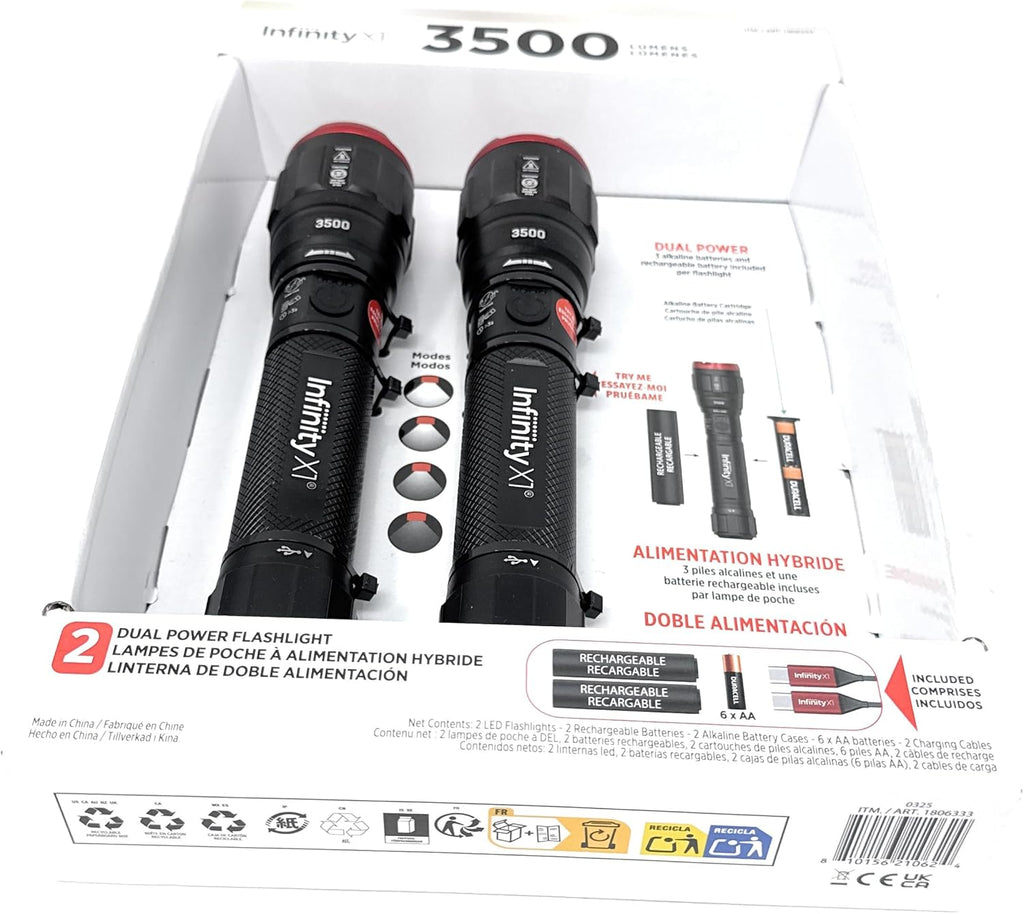 Infinity X1 3500 Lumen Dual Power Flashlight 2-Pack – High-Performance LED, Rechargeable or Alkaline Powered, 4 Light Modes, USB-C Charging, Includes Batteries and Cables
