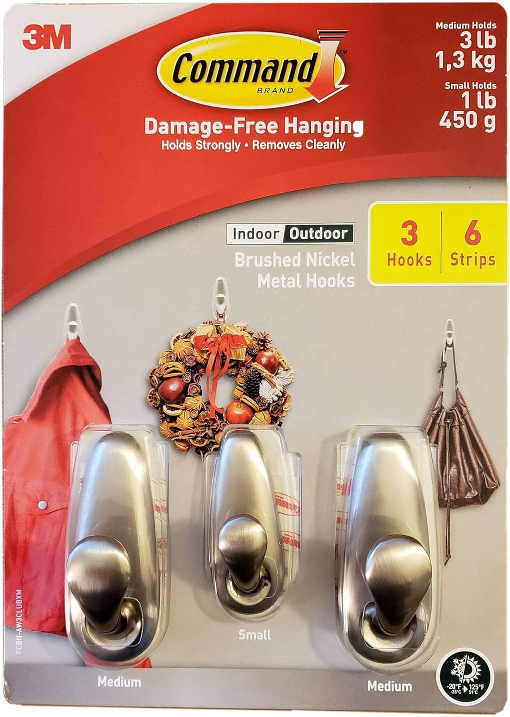 Command Indoor Outdoor Brushed Nickel Metal Hooks 3 Hooks 6 Strips 1 Small 2 Medium