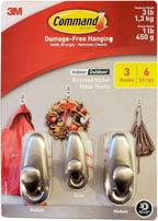 Command Indoor Outdoor Brushed Nickel Metal Hooks 3 Hooks 6 Strips 1 Small 2 Medium