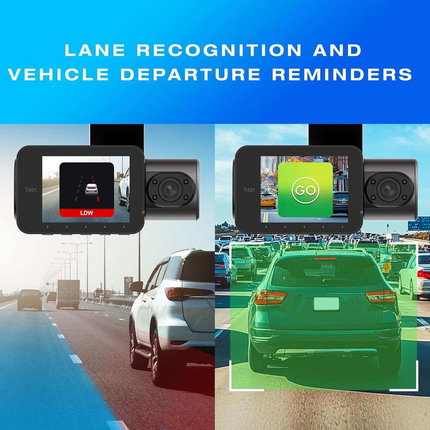 Type S T401 4K Dual View Dash Cam with AI Driver Assistance and in-Car Surveillance Camera, AI-Powered Lane, Car, Pedestrian Recognition