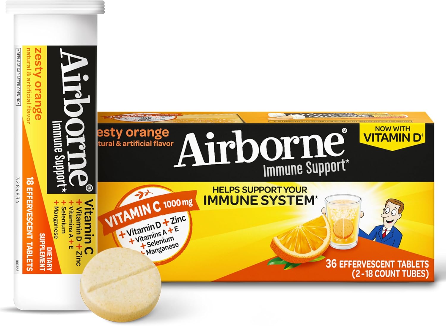 Vitamin C 1000mg (per serving) - Airborne Zesty Orange Effervescent Tablets (36 count in a box), Gluten-Free Immune Support Supplement With Vitamins A C E, ZINC, Selenium, Echinacea & Ginger