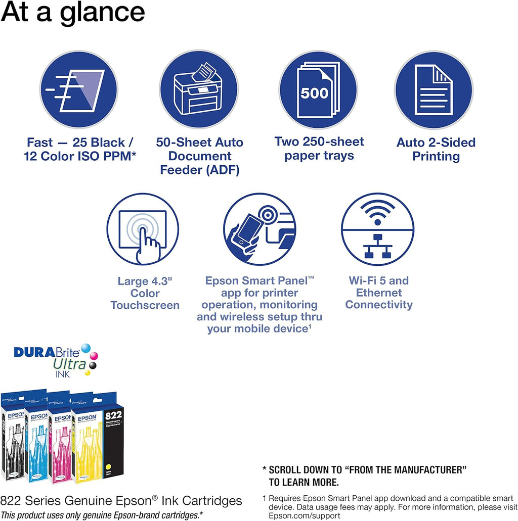 Epson Workforce Pro WF-4830 Wireless All-in-One Printer, Auto 2-Sided Print Copy, Scan/Fax, 50-Page ADF, 500-sheet Paper Capacity, and 4.3" Color Touchscreen, Works with Alexa - Black