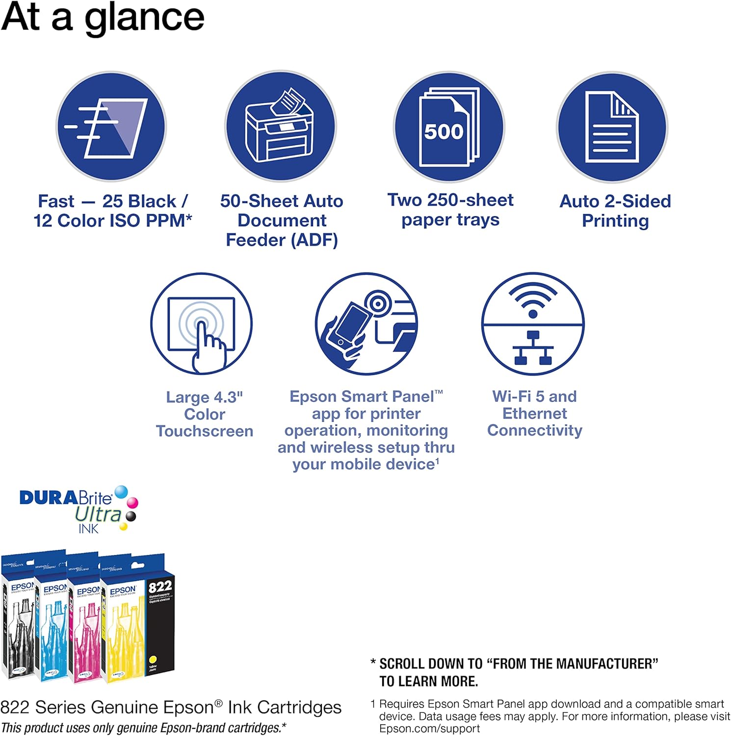 Epson Workforce Pro WF-4830 Wireless All-in-One Printer, Auto 2-Sided Print Copy, Scan/Fax, 50-Page ADF, 500-sheet Paper Capacity, and 4.3" Color Touchscreen, Works with Alexa - Black