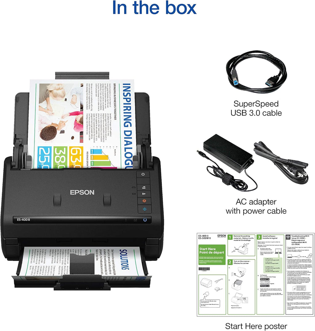 Epson scanner with accessories including a superSpeed USB 3.0 cable, AC adapter, power cable, and a start here poster.