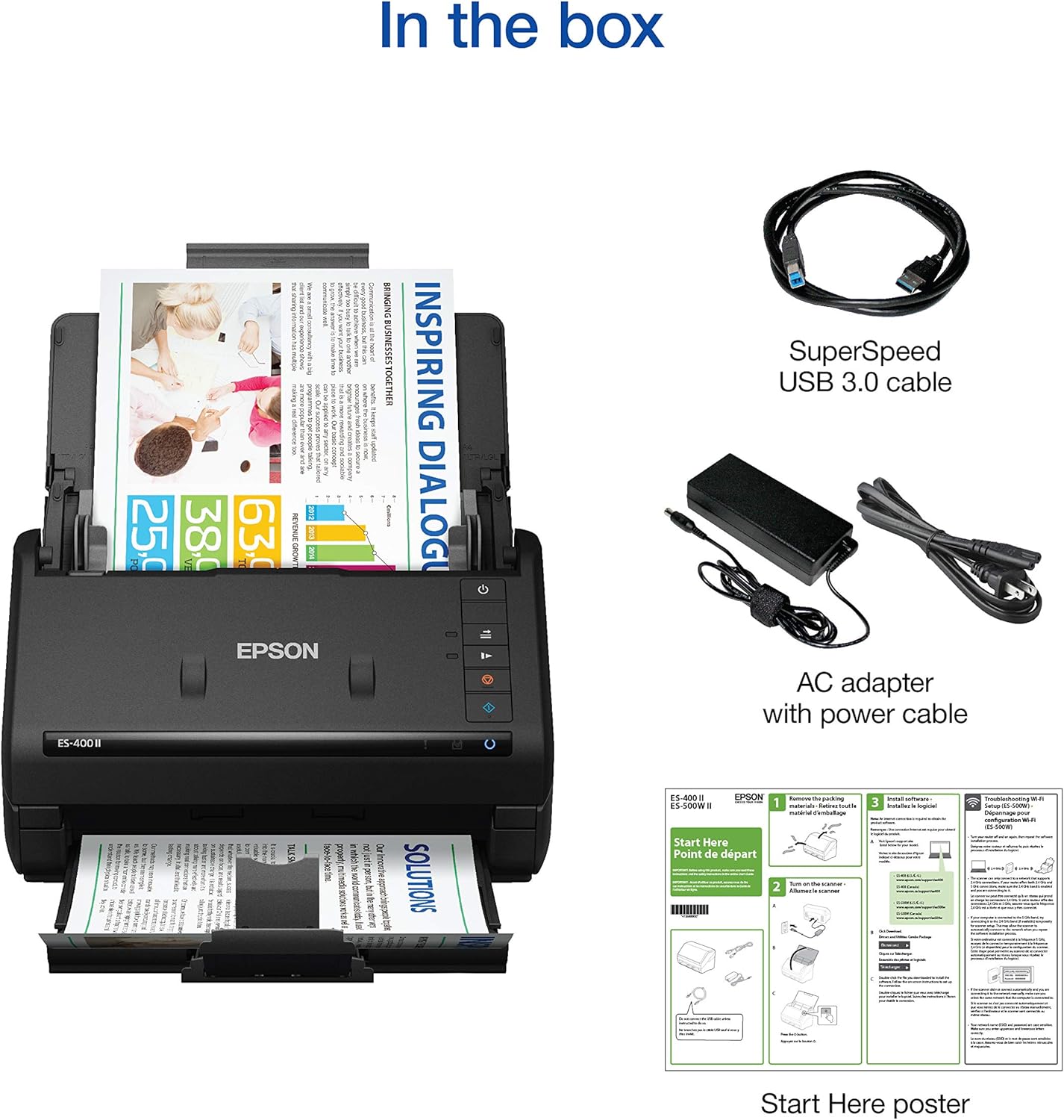 Epson scanner with accessories including a superSpeed USB 3.0 cable, AC adapter, power cable, and a start here poster.