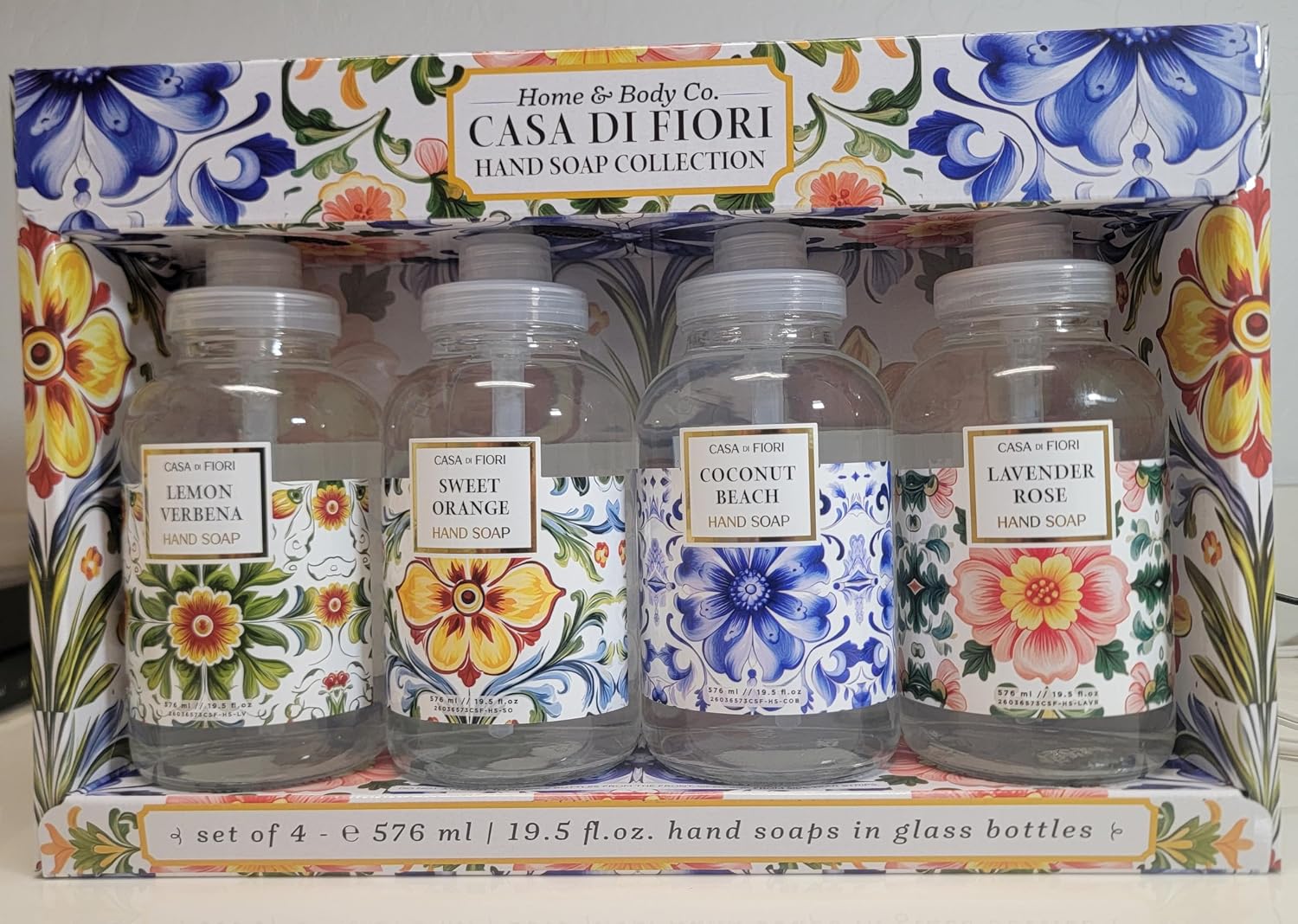 Home & Body Co. Casa Di Fiori Hand Soap Collection Set of 4, 19.5 fl oz (576 mL) Each, Lemon Verbena, Sweet Orange, Coconut Beach, Lavender Rose