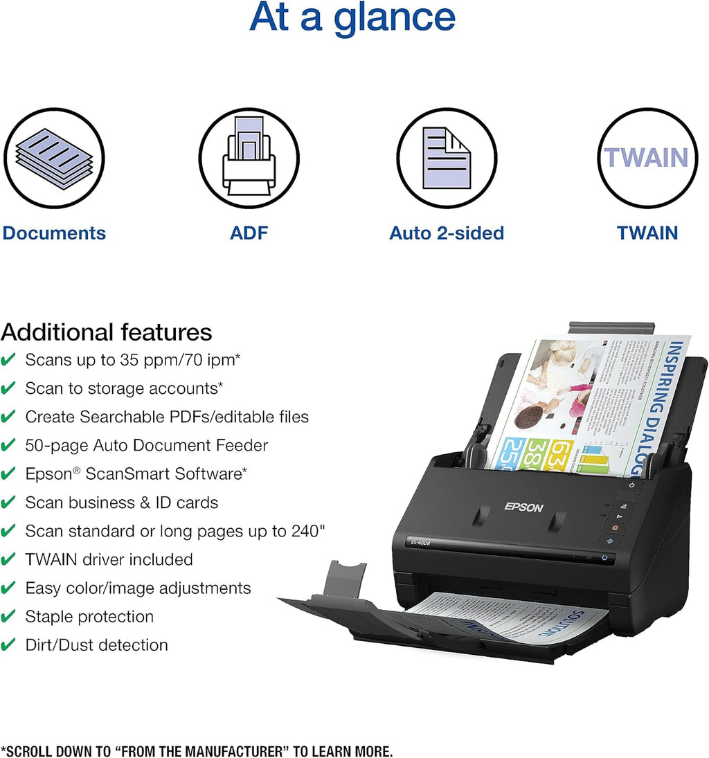 Epson scanner with features listed on a white background