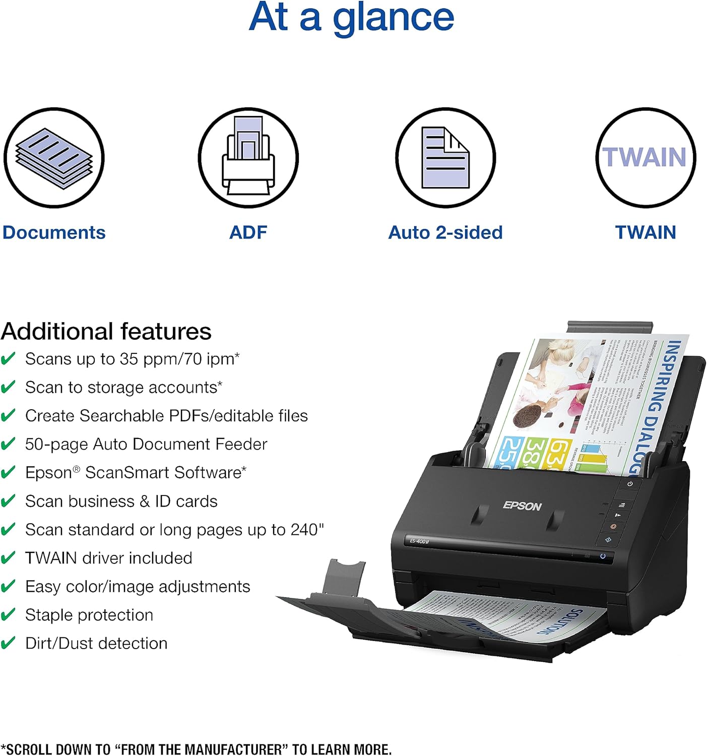 Epson scanner with features listed on a white background