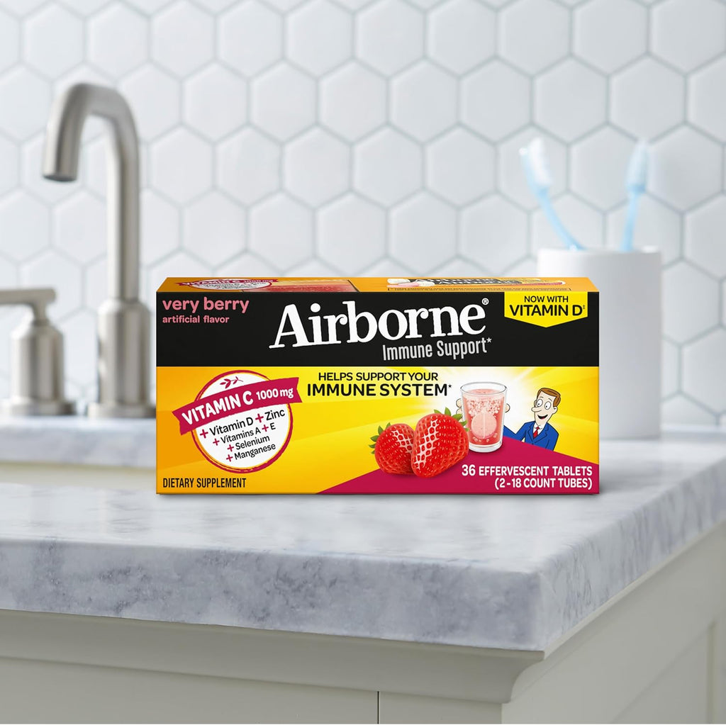 Vitamin C 1000mg (per serving) - Airborne Very Berry Effervescent Tablets (36 count in a box), Gluten-Free Immune Support Supplement, With Vitamins A C E, ZINC, Selenium, Echinacea & Ginger