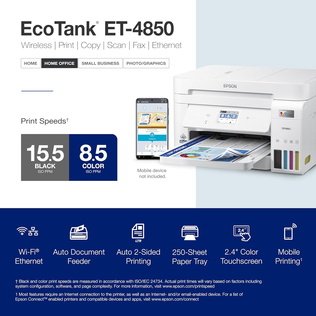 Epson EcoTank ET-4850 Wireless All-in-One Cartridge-Free Supertank with Scanner Copier, Fax, ADF and Ethernet, The Printer Office Printer - White