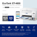 Epson EcoTank ET-4850 Wireless All-in-One Cartridge-Free Supertank with Scanner Copier, Fax, ADF and Ethernet, The Printer Office Printer - White
