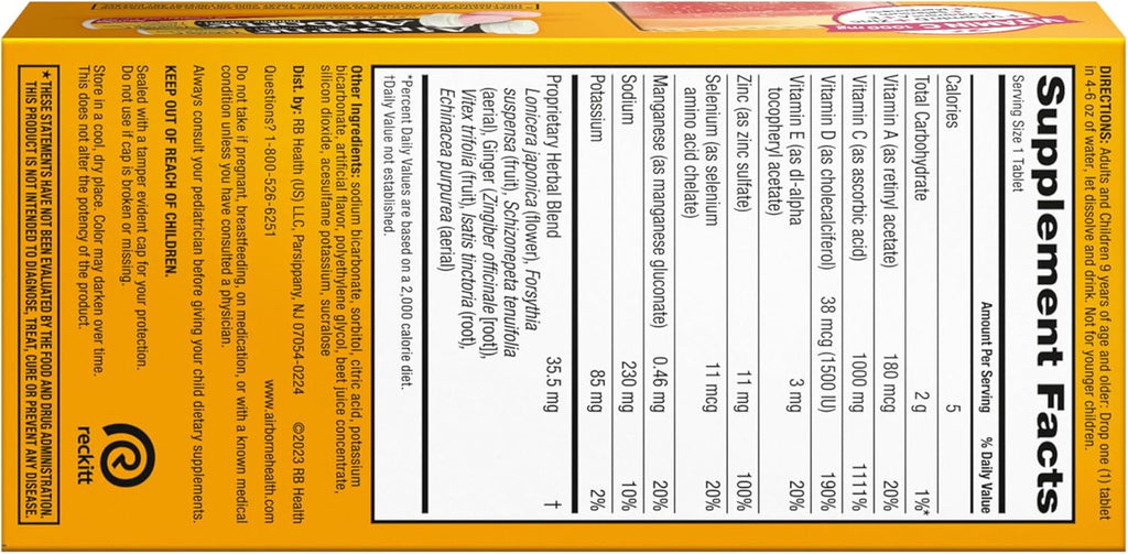 Vitamin C 1000mg (per serving) - Airborne Very Berry Effervescent Tablets (36 count in a box), Gluten-Free Immune Support Supplement, With Vitamins A C E, ZINC, Selenium, Echinacea & Ginger