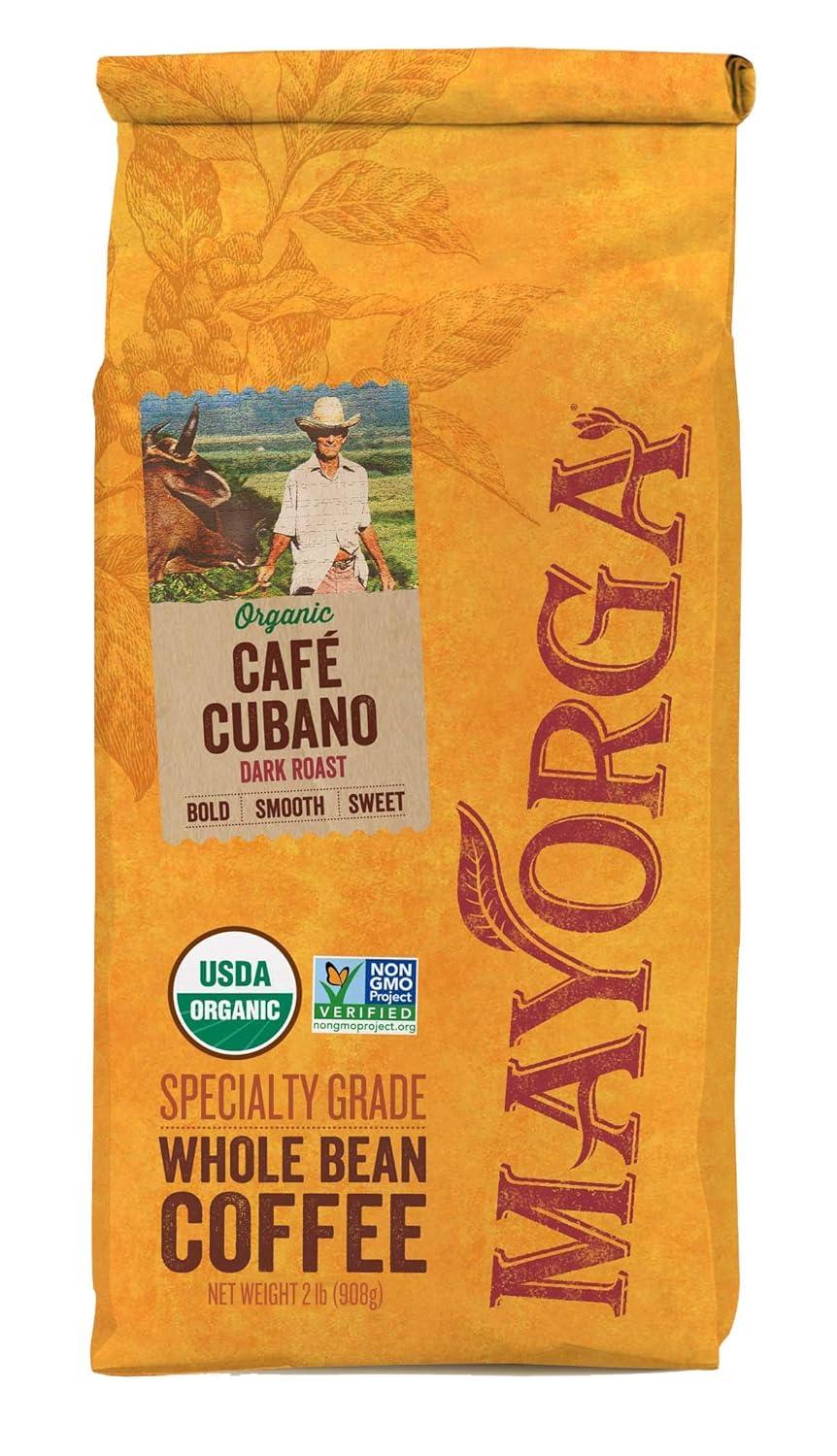 Mayorga Organics Café Cubano, Dark Roast Whole Bean Coffee, 2lbs Bag, Specialty-Grade, 100% USDA Organic, Non-GMO Verified, Direct Trade, Kosher - PACK OF 3